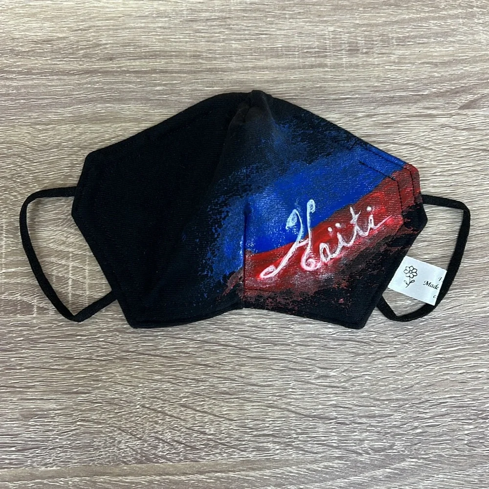 HAITI black jersey fabric custom painted 3 layer reversible face mask
